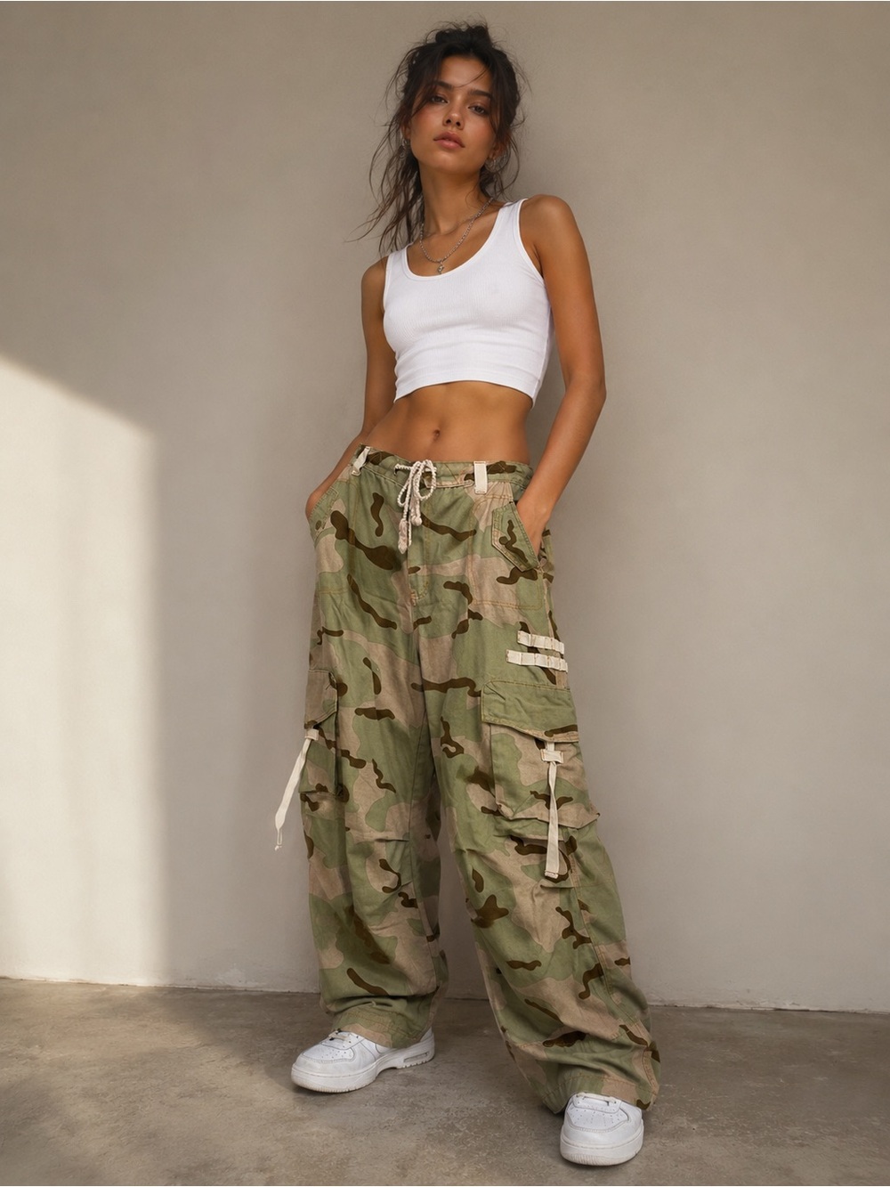 POL Olive Camo Wide-Leg Cargo Pants